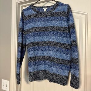 LL Bean Womens Sz Med Sweater Blue Striped Pullover Crew Neck Knit 100% Cotton